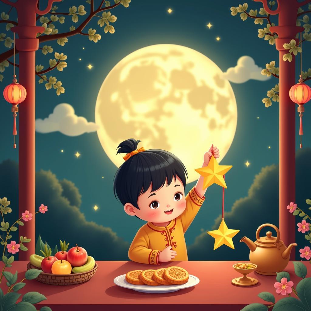 Hình ảnh trung thu đẹp cổ truyền với đèn lồng ông sao và mâm cỗ trông trăng dưới ánh trăng tròn